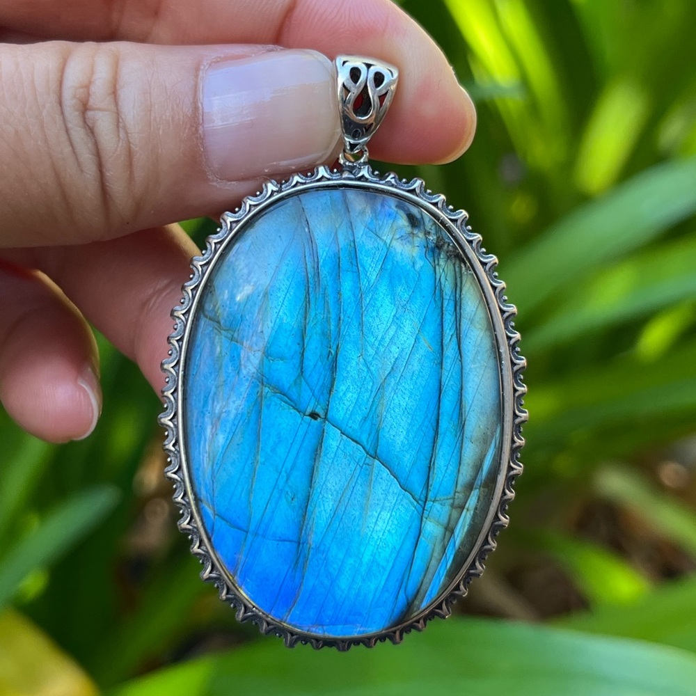 Sterling silver large statement‎ blue flashy labradorite pendant 0152